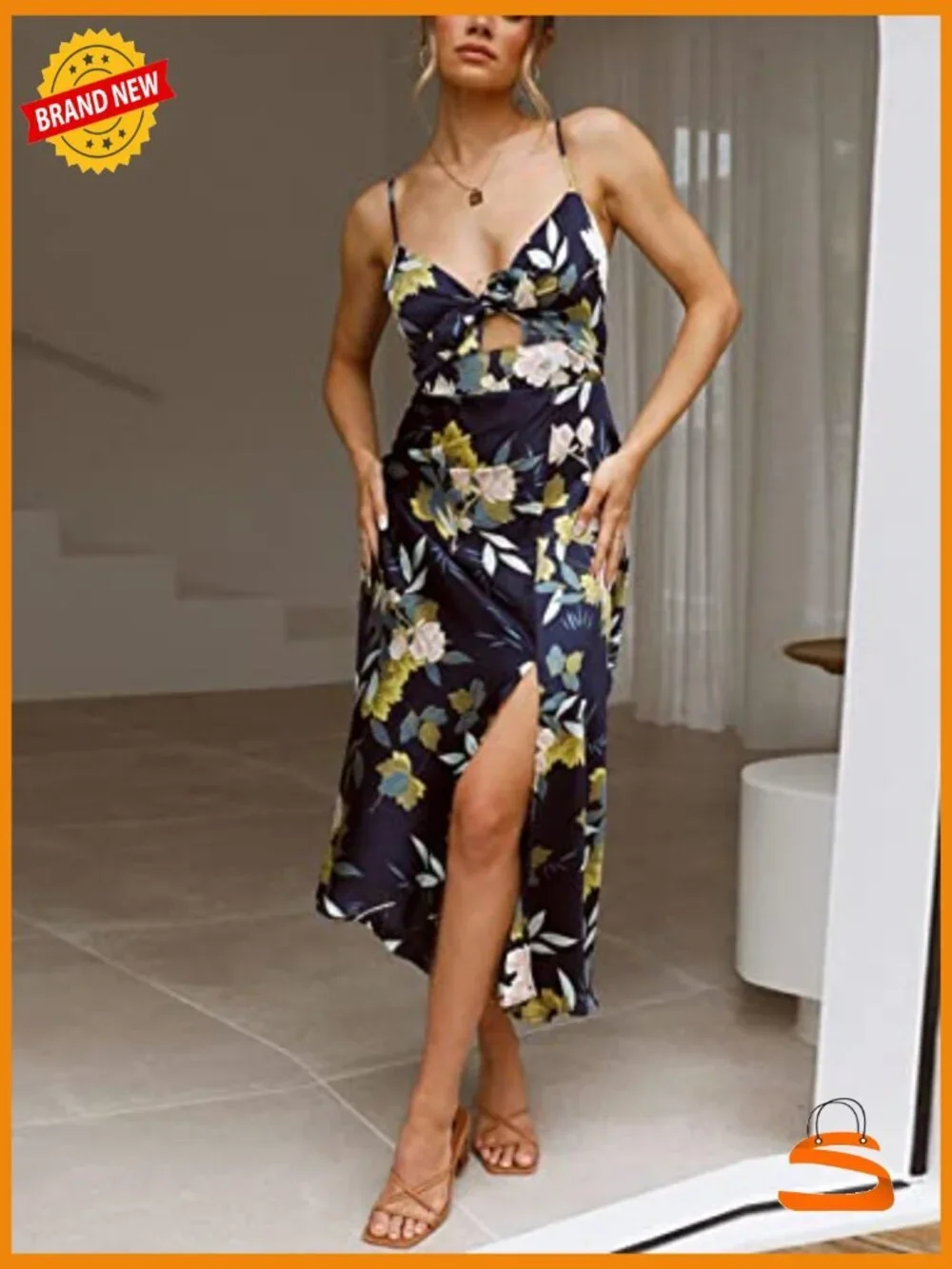 Satin Spaghetti Strap Midi Dress Tie Front Backless Slit